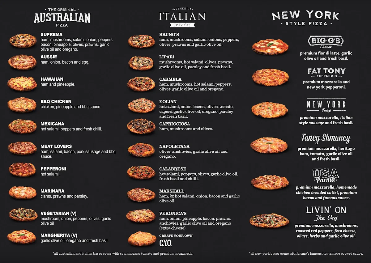 Menu, Bruno's Pizza