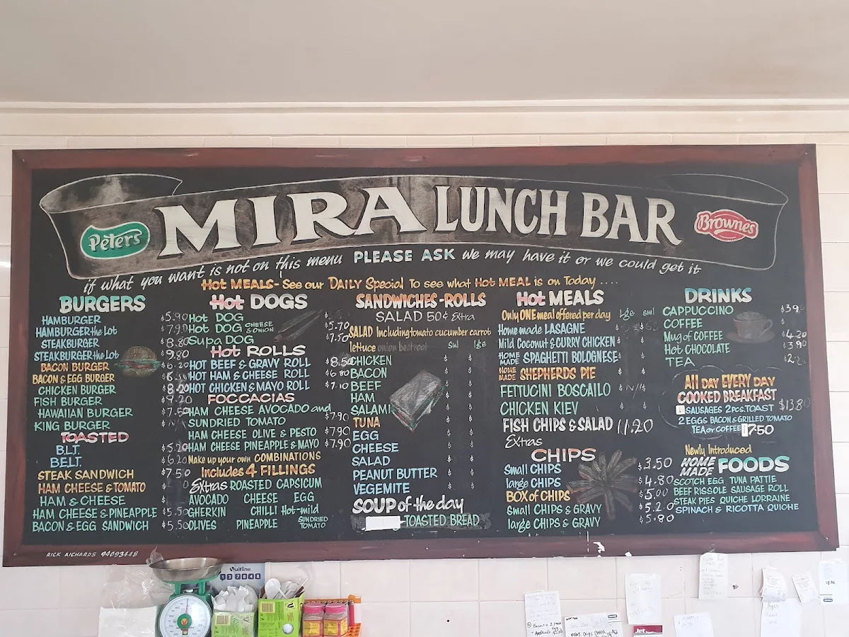 Menu, Mira Lunch Bar