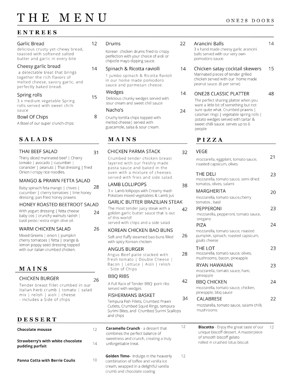 Menu, One28 Doors