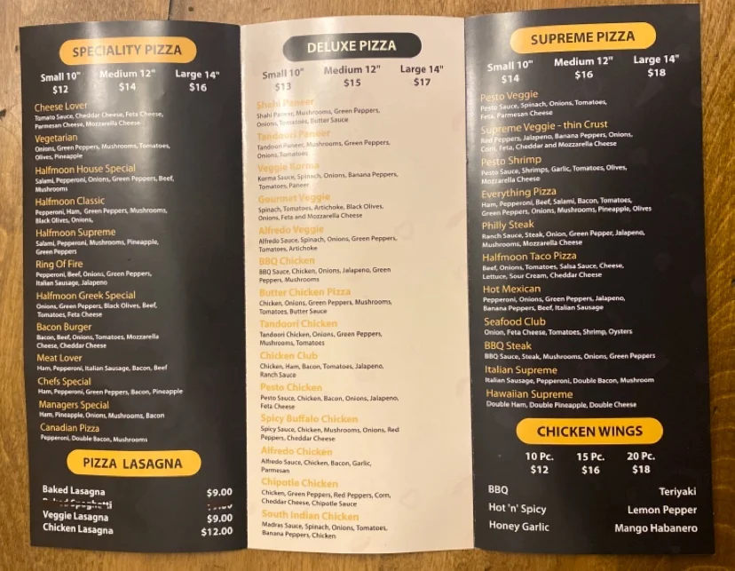 Menu, Halfmoon Pizzeria + Donair