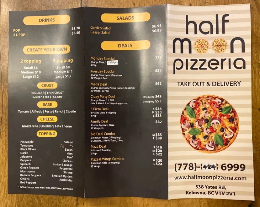 Menu, Halfmoon Pizzeria + Donair