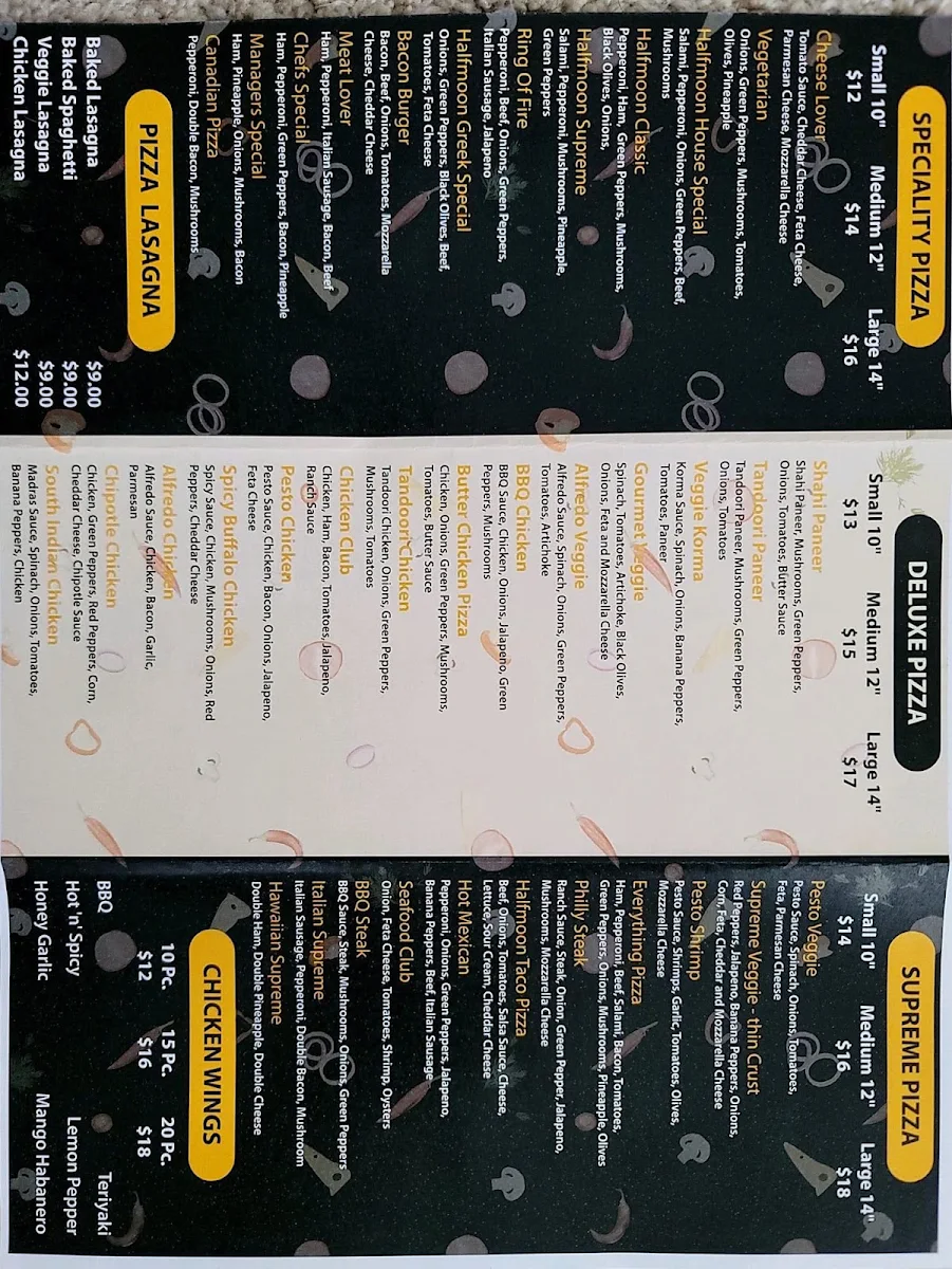 Menu, Halfmoon Pizzeria + Donair
