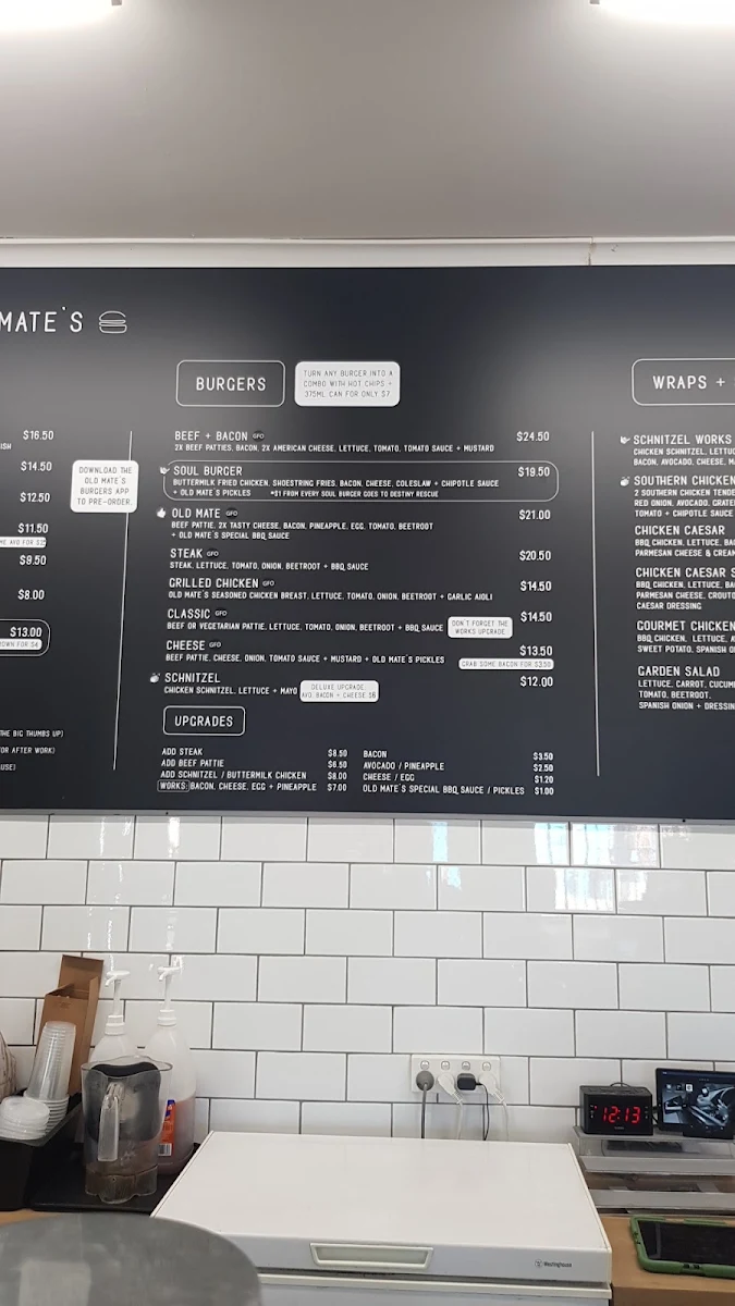 Menu, Old Mate's Burgers