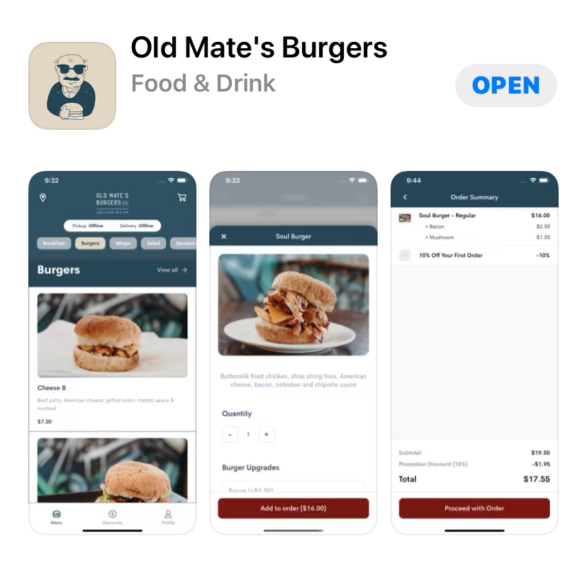 Menu, Old Mate's Burgers