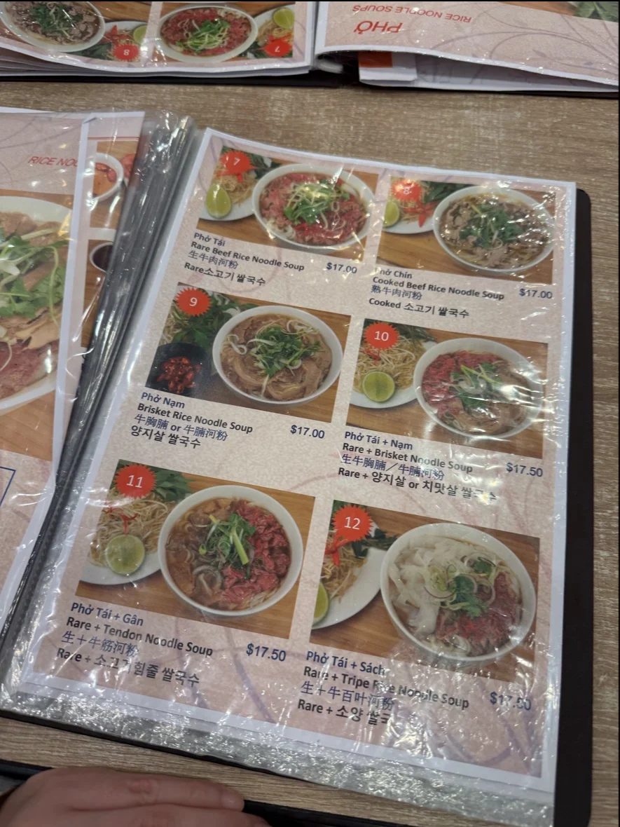 Menu, Pho Co Eastwood