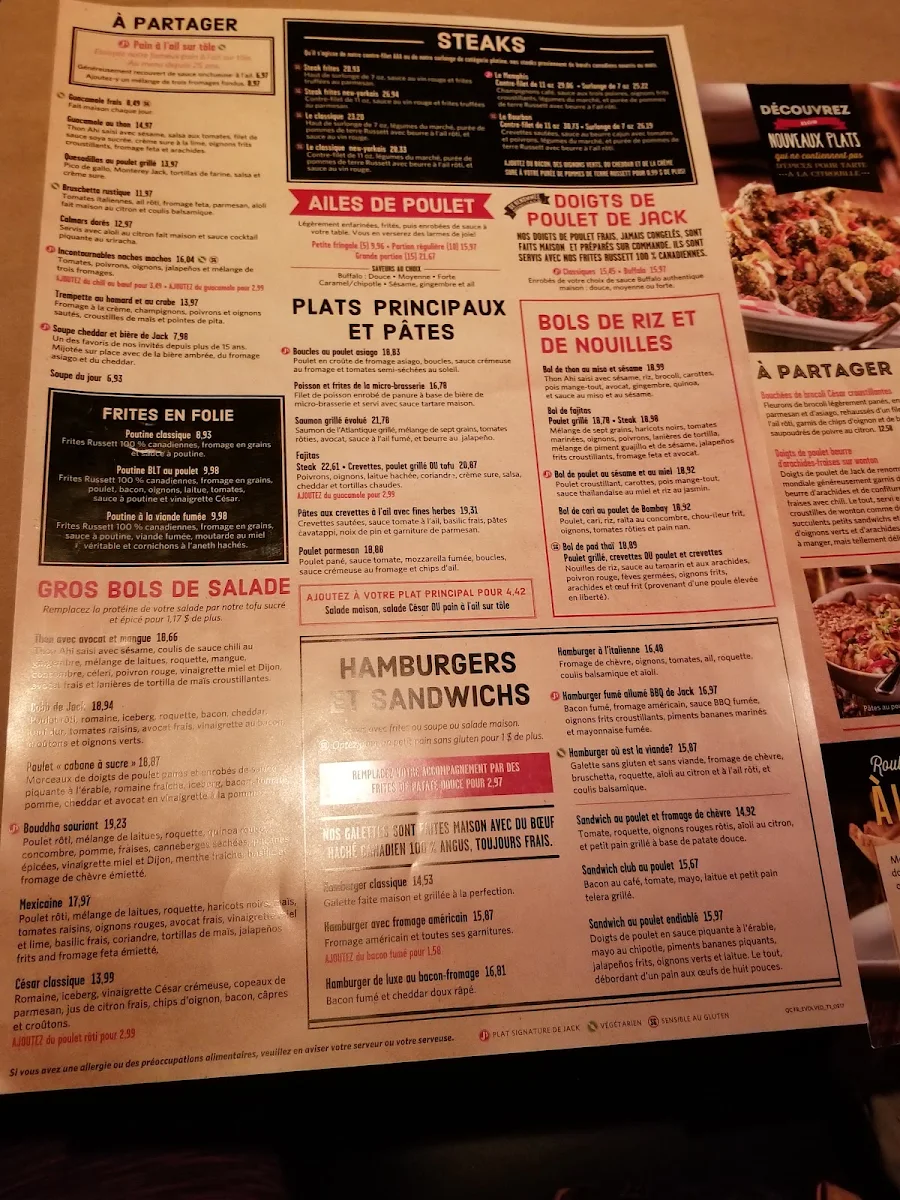 Menu, Jack Astor's Bar & Grill Boisbriand