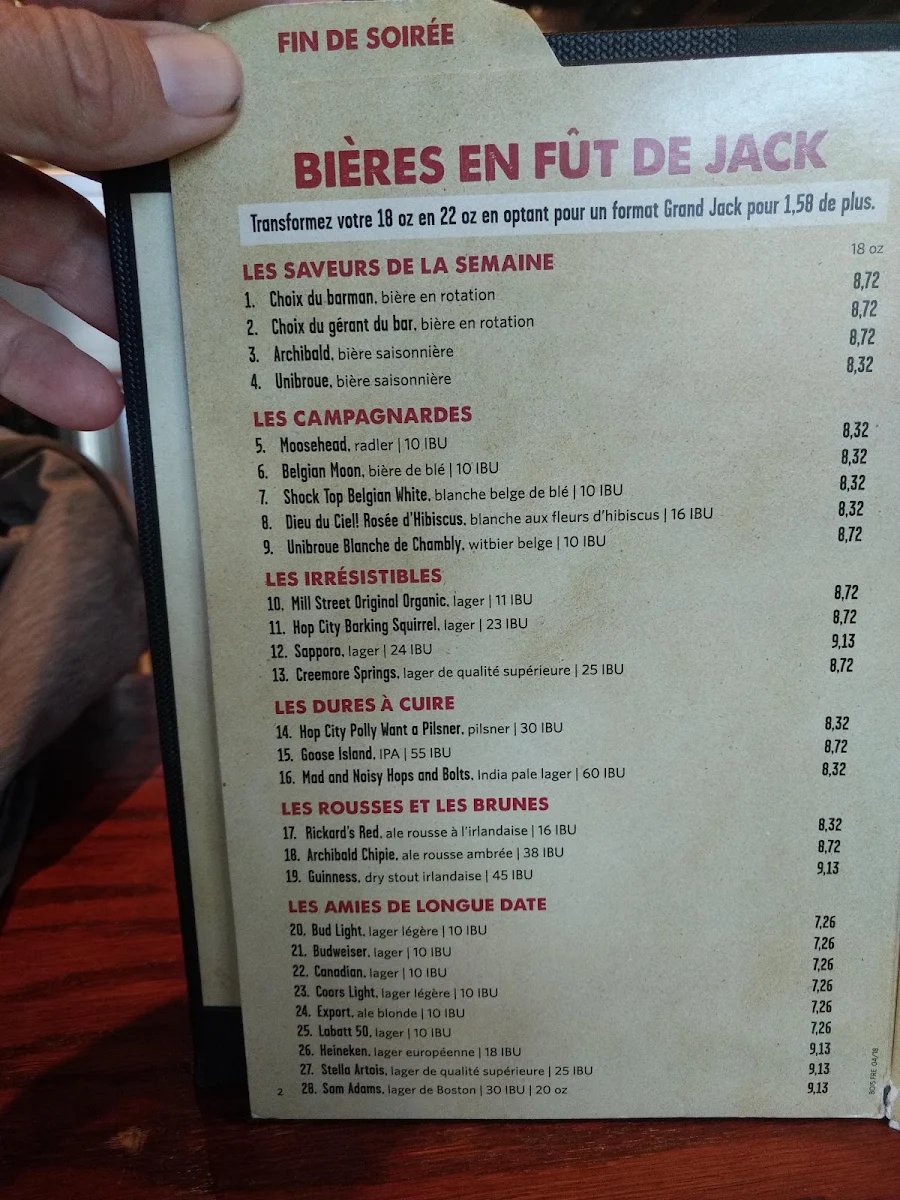 Menu, Jack Astor's Bar & Grill Boisbriand