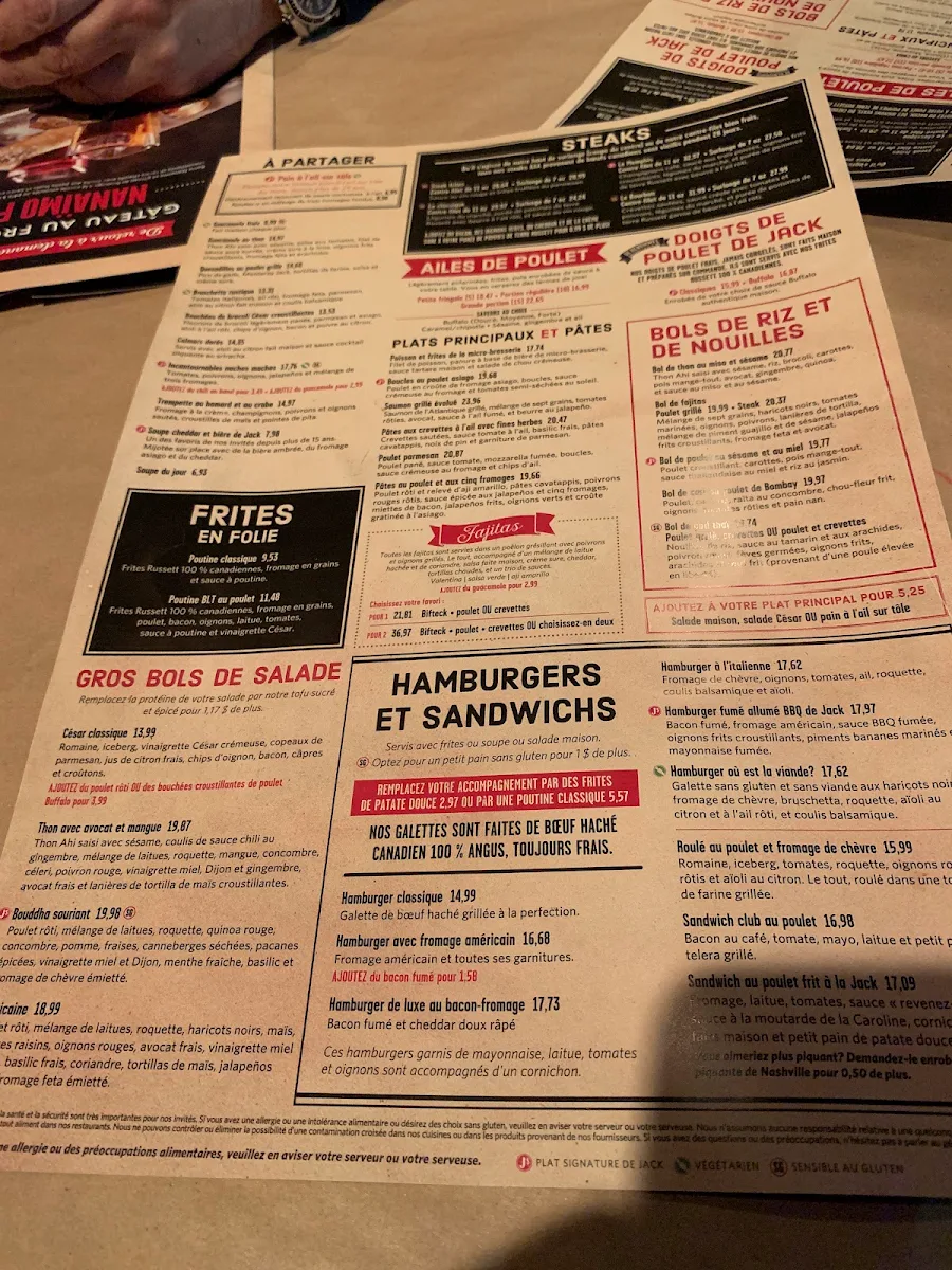 Menu, Jack Astor's Bar & Grill Boisbriand
