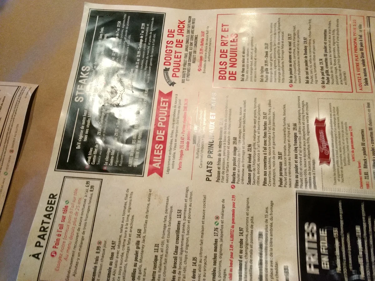 Menu, Jack Astor's Bar & Grill Boisbriand