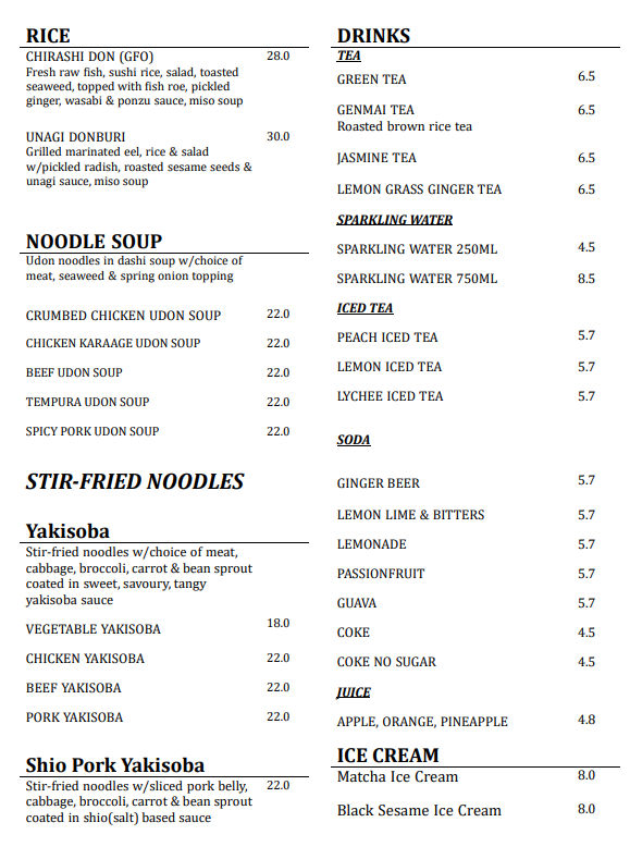Menu, Miku Japanese Restaurant