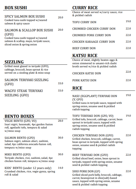 Menu, Miku Japanese Restaurant