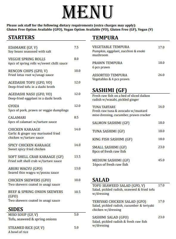 Menu, Miku Japanese Restaurant