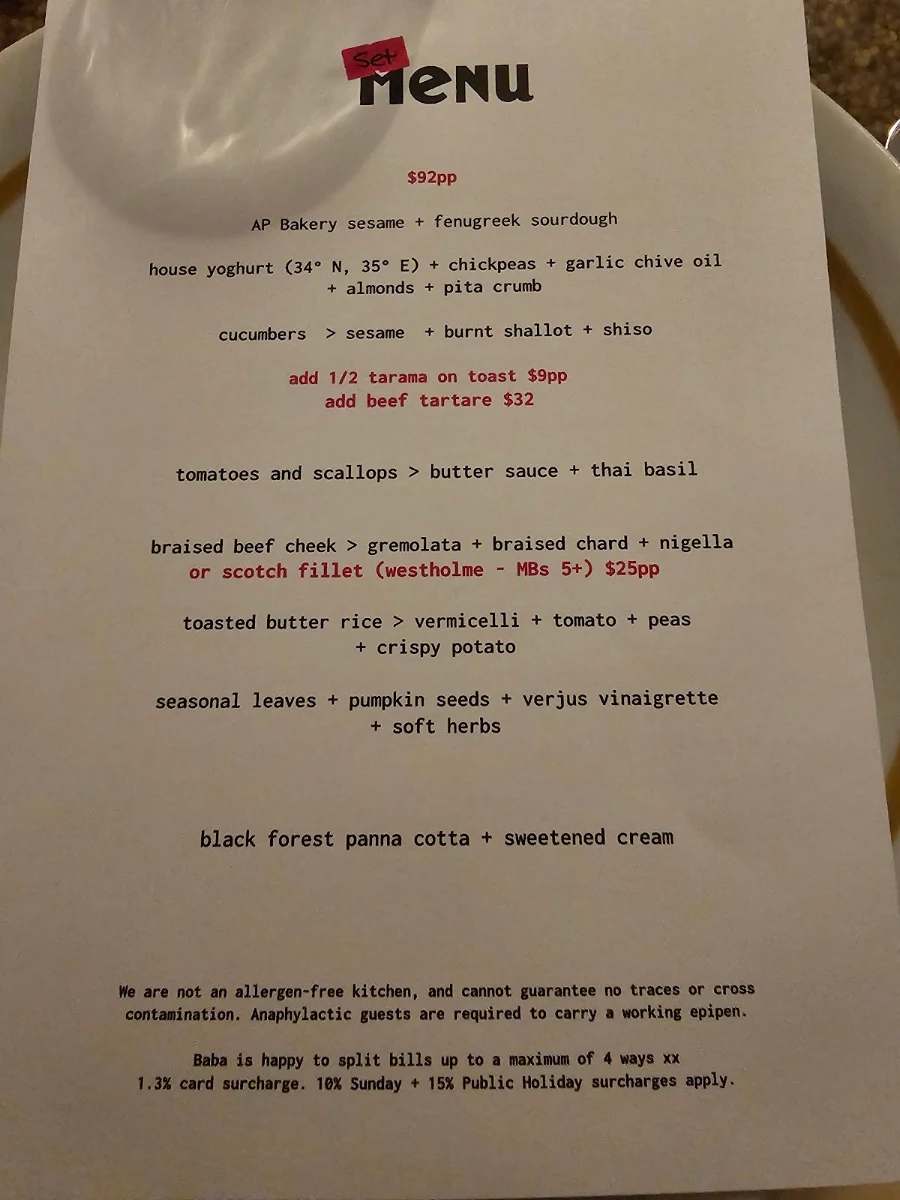 Menu, Baba's Place