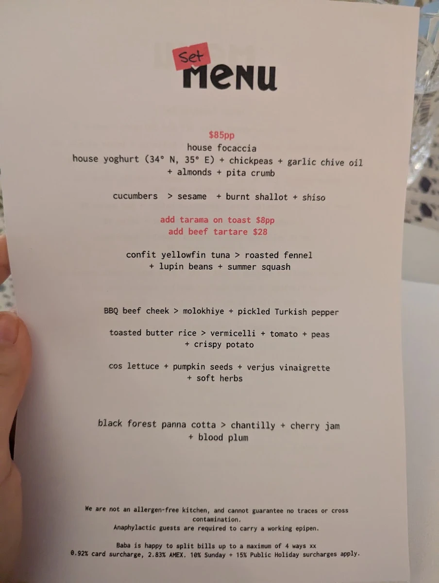 Menu, Baba's Place