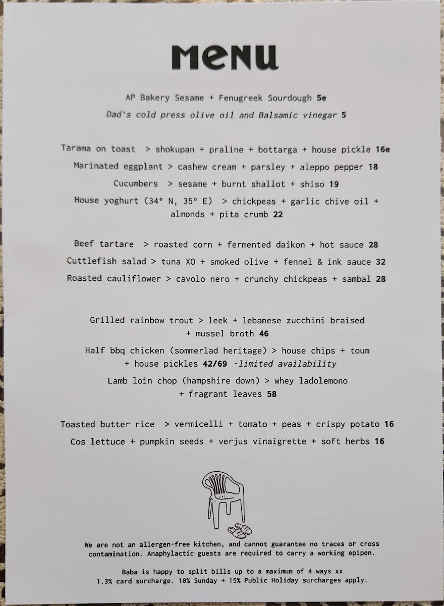 Menu, Baba's Place