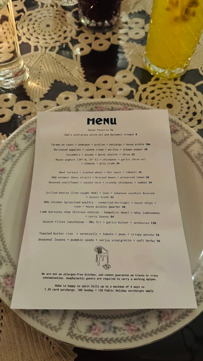 Menu, Baba's Place