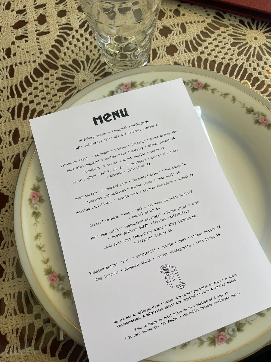 Menu, Baba's Place