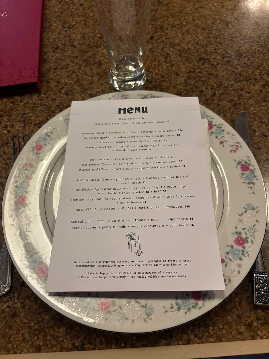 Menu, Baba's Place