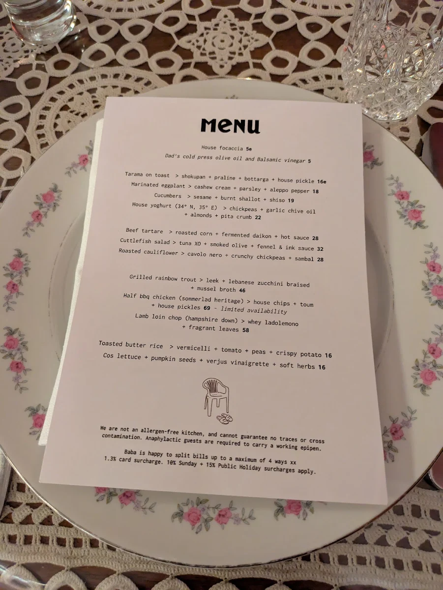 Menu, Baba's Place