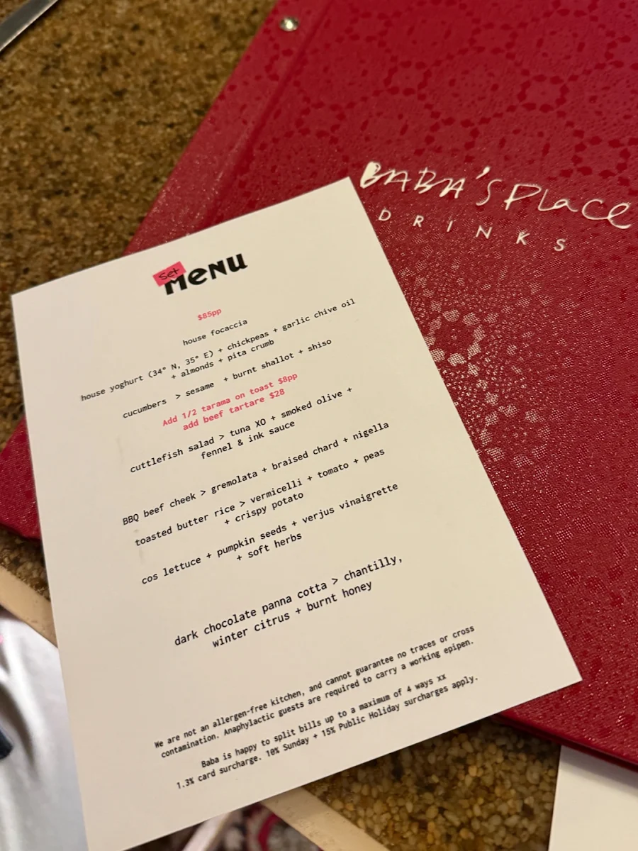 Menu, Baba's Place
