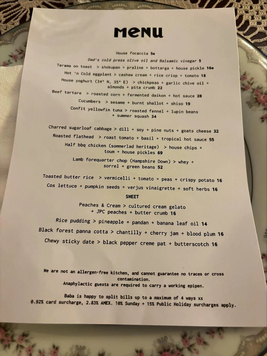 Menu, Baba's Place