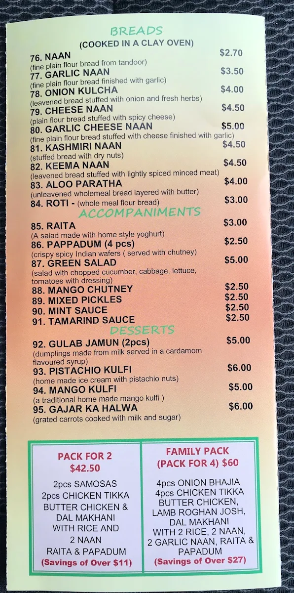 Menu, Flavor Of India