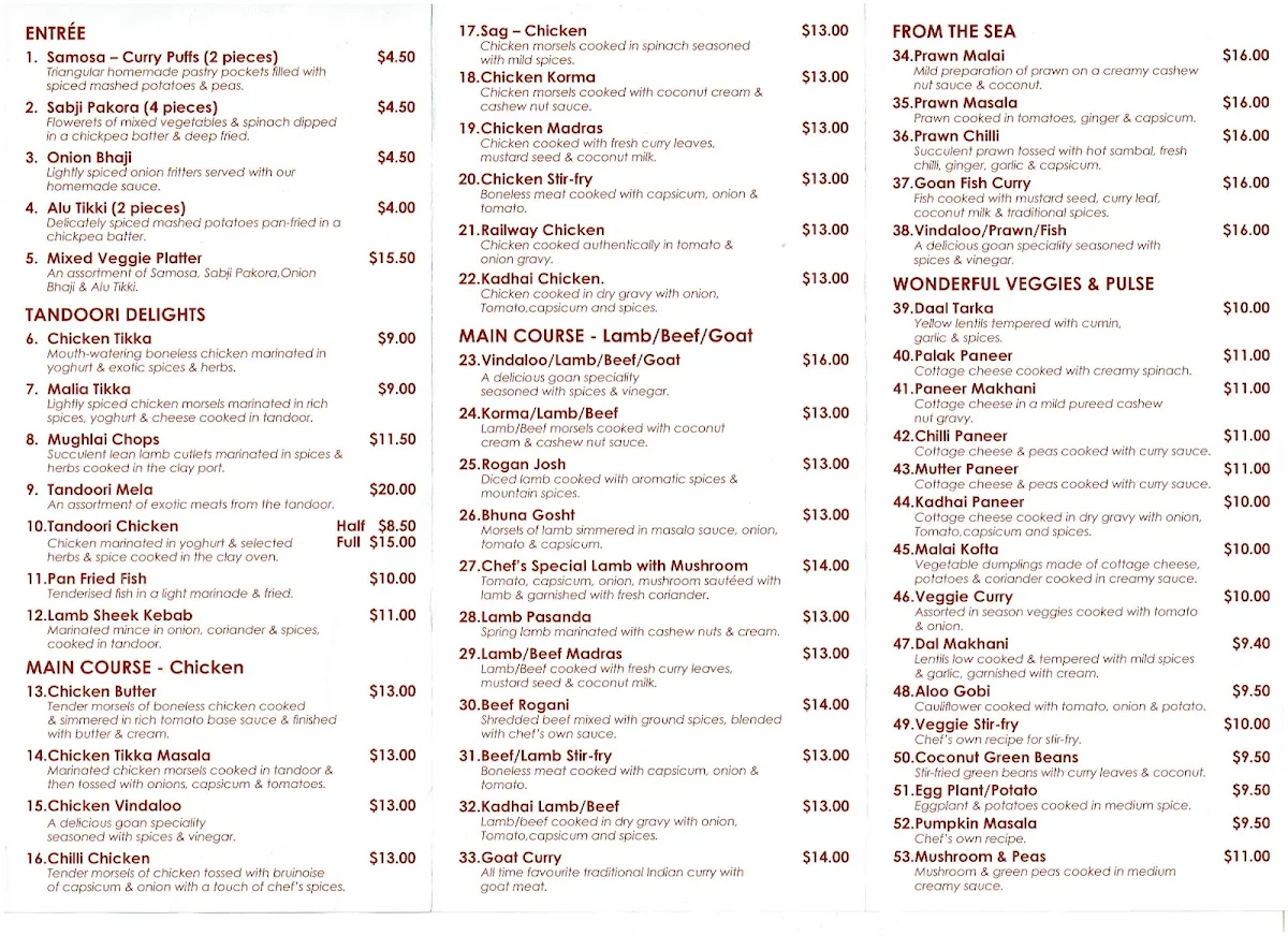 Menu, Flavor Of India