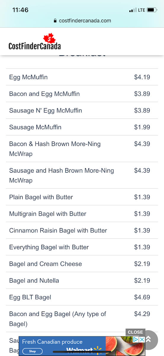 Menu, McDonald's