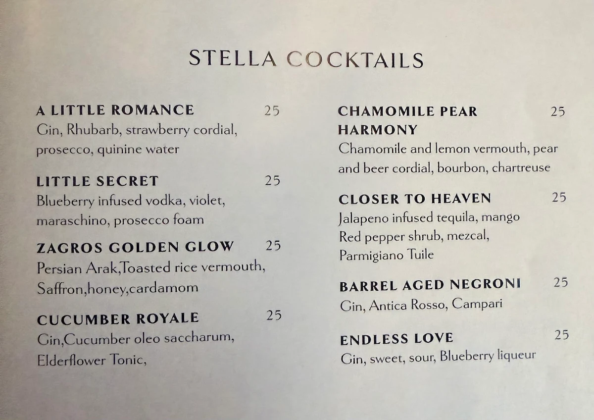 Menu, Stella Restaurant and Bar