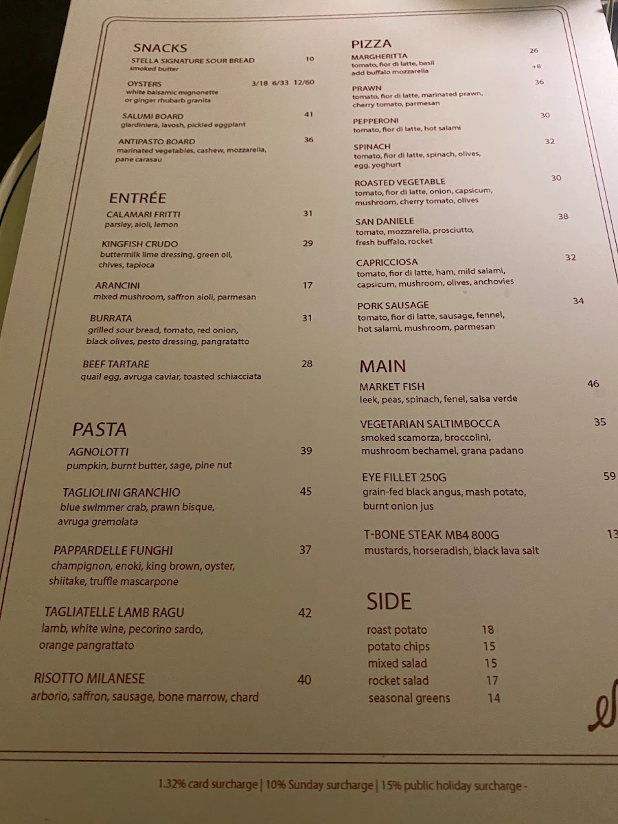 Menu, Stella Restaurant and Bar