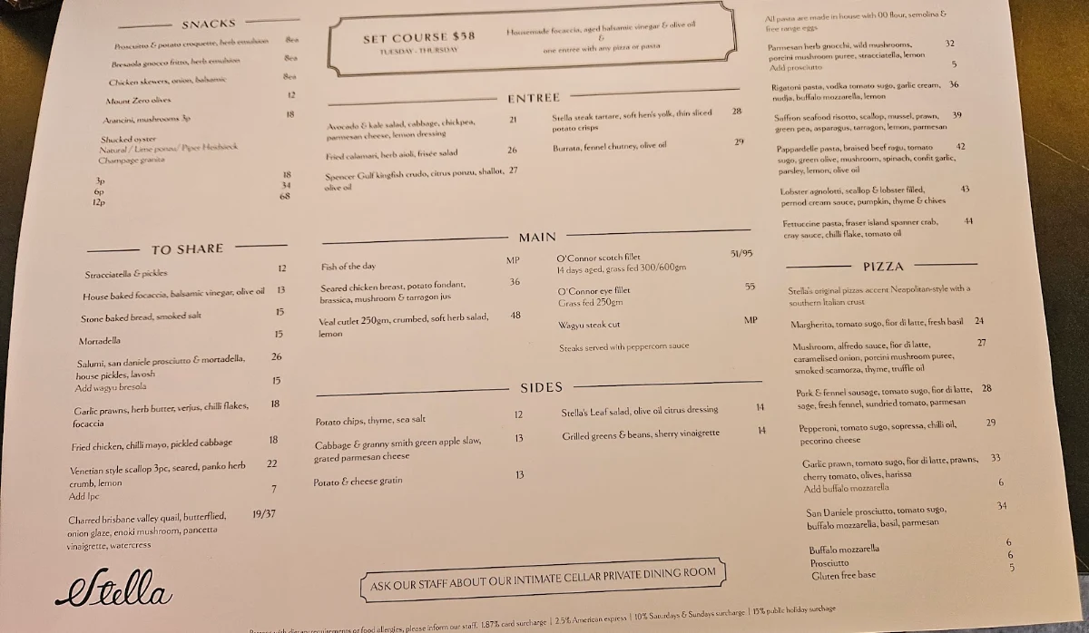 Menu, Stella Restaurant and Bar