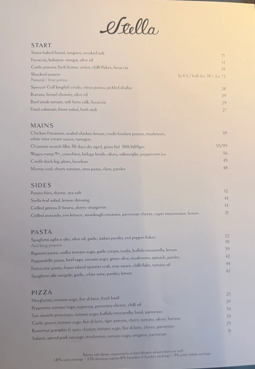 Menu, Stella Restaurant and Bar