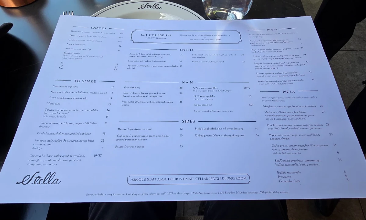 Menu, Stella Restaurant and Bar