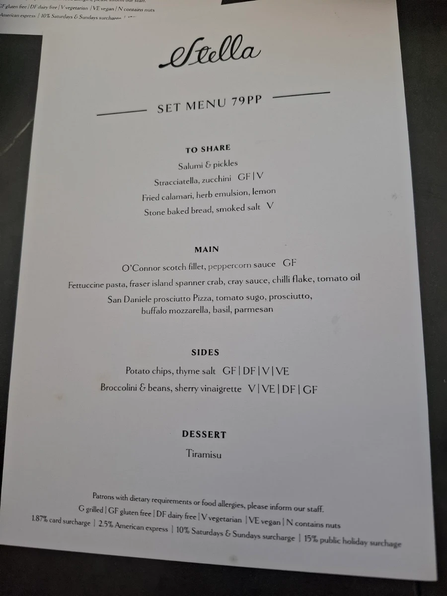 Menu, Stella Restaurant and Bar