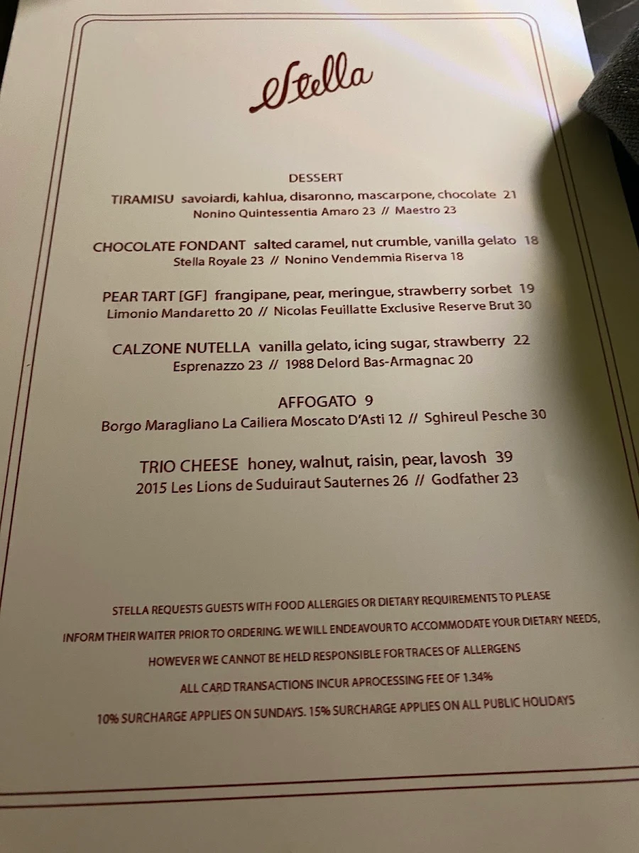 Menu, Stella Restaurant and Bar