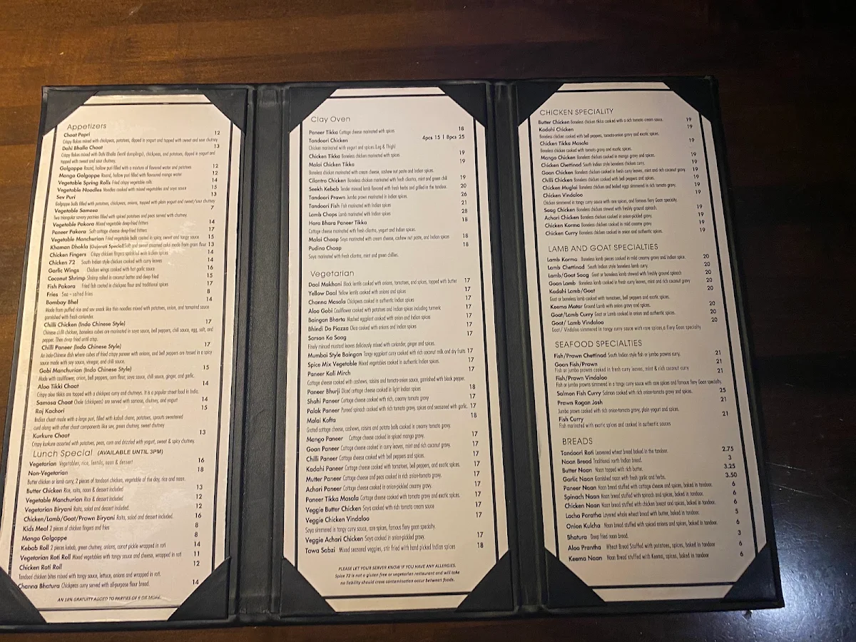 Menu, Spice 72 Indian Restaurant & Lounge