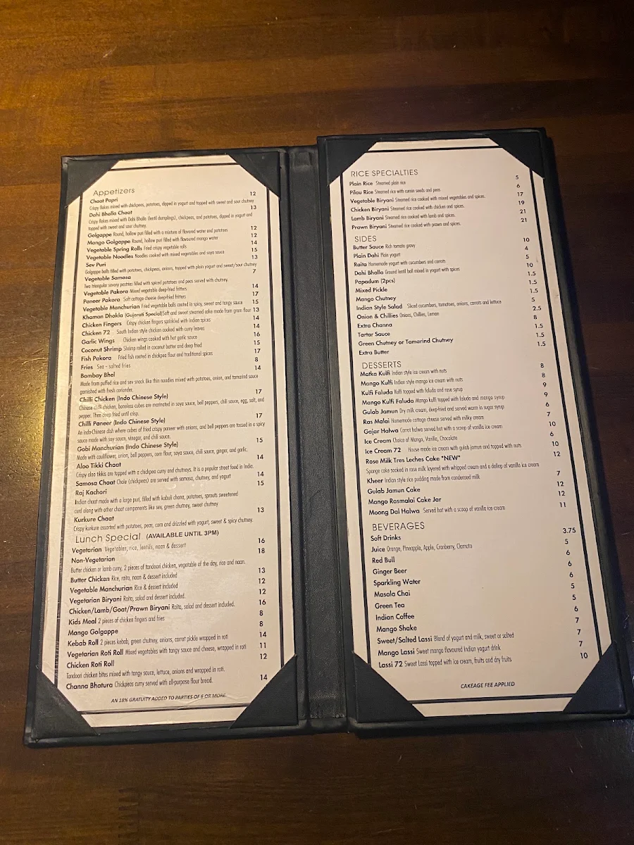 Menu, Spice 72 Indian Restaurant & Lounge