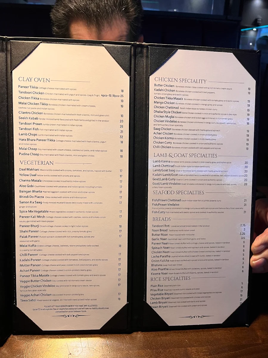 Menu, Spice 72 Indian Restaurant & Lounge