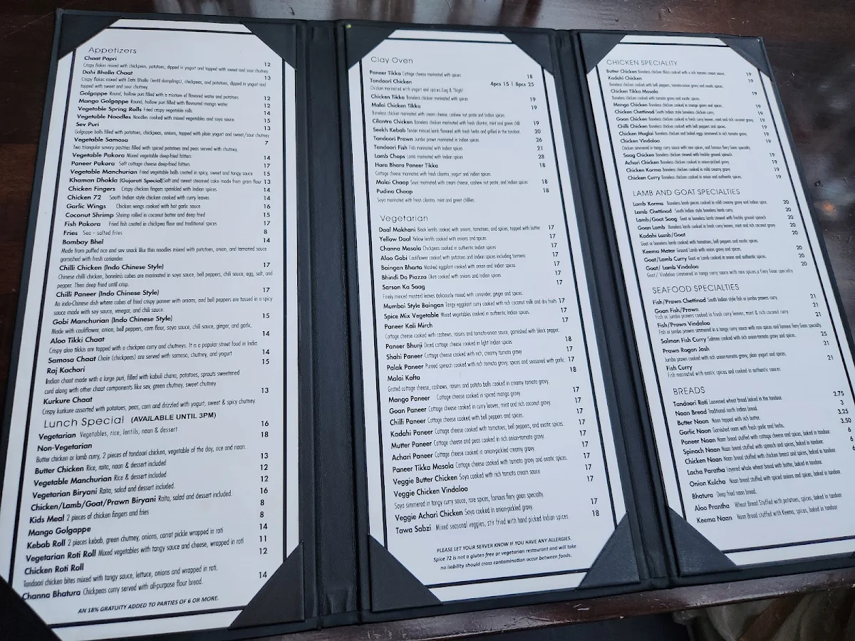 Menu, Spice 72 Indian Restaurant & Lounge