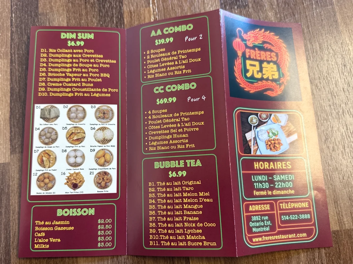 Menu, Freres Restaurant