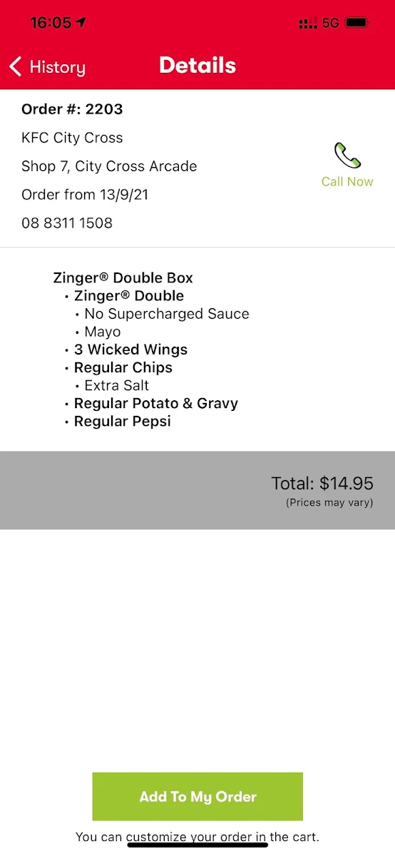Menu, KFC City Cross