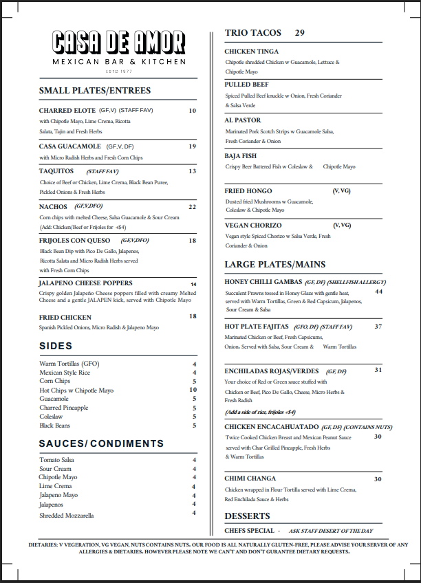 Menu, Casa De Amor Mexican Bar and Kitchen