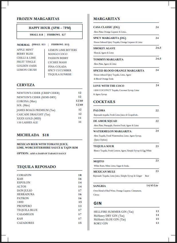 Menu, Casa De Amor Mexican Bar and Kitchen