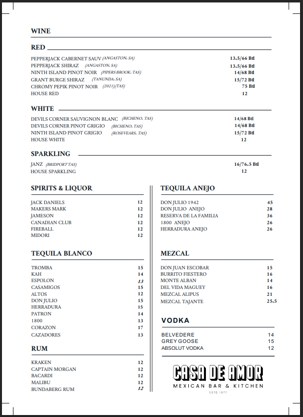 Menu, Casa De Amor Mexican Bar and Kitchen