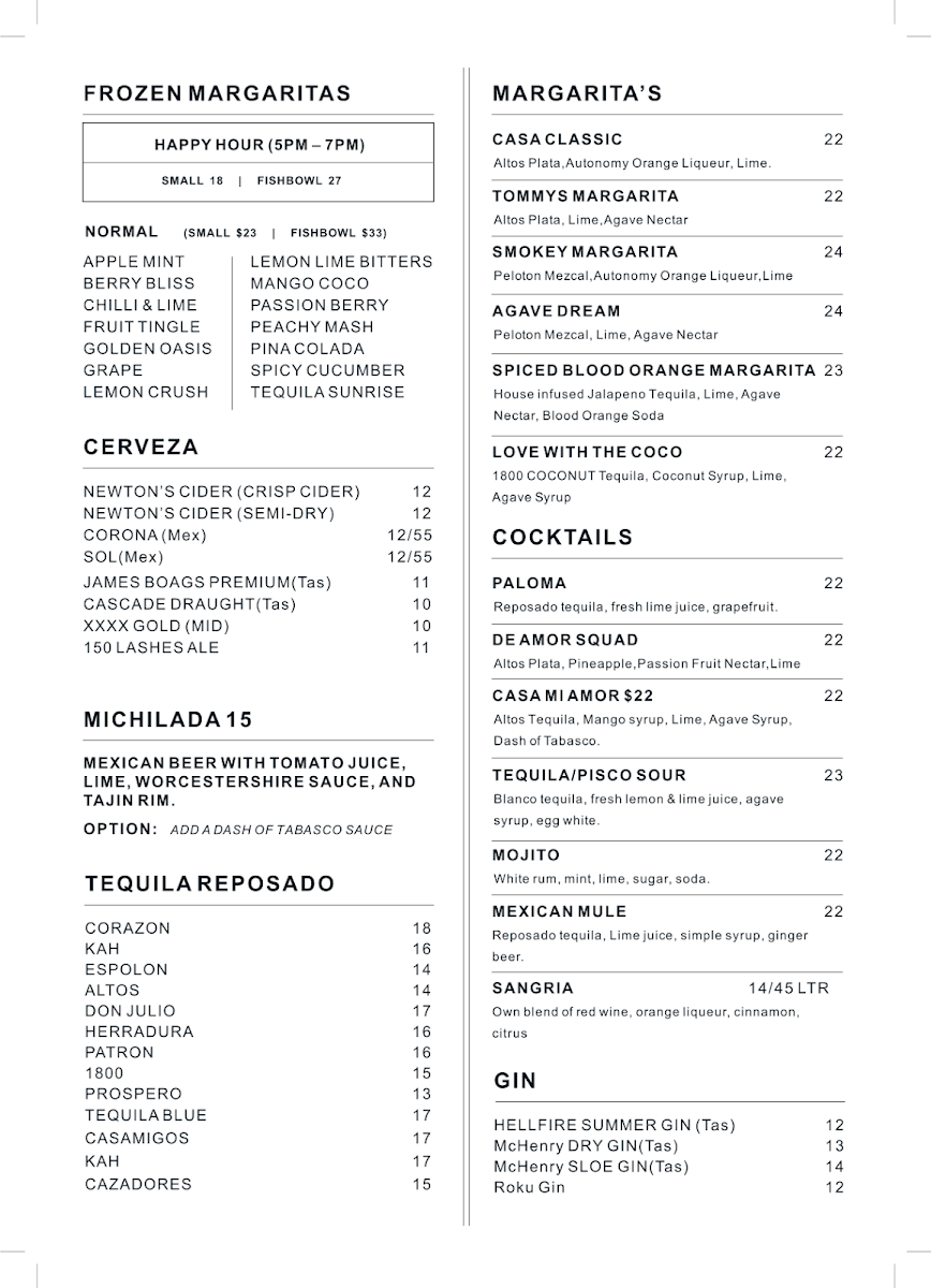 Menu, Casa De Amor Mexican Bar and Kitchen