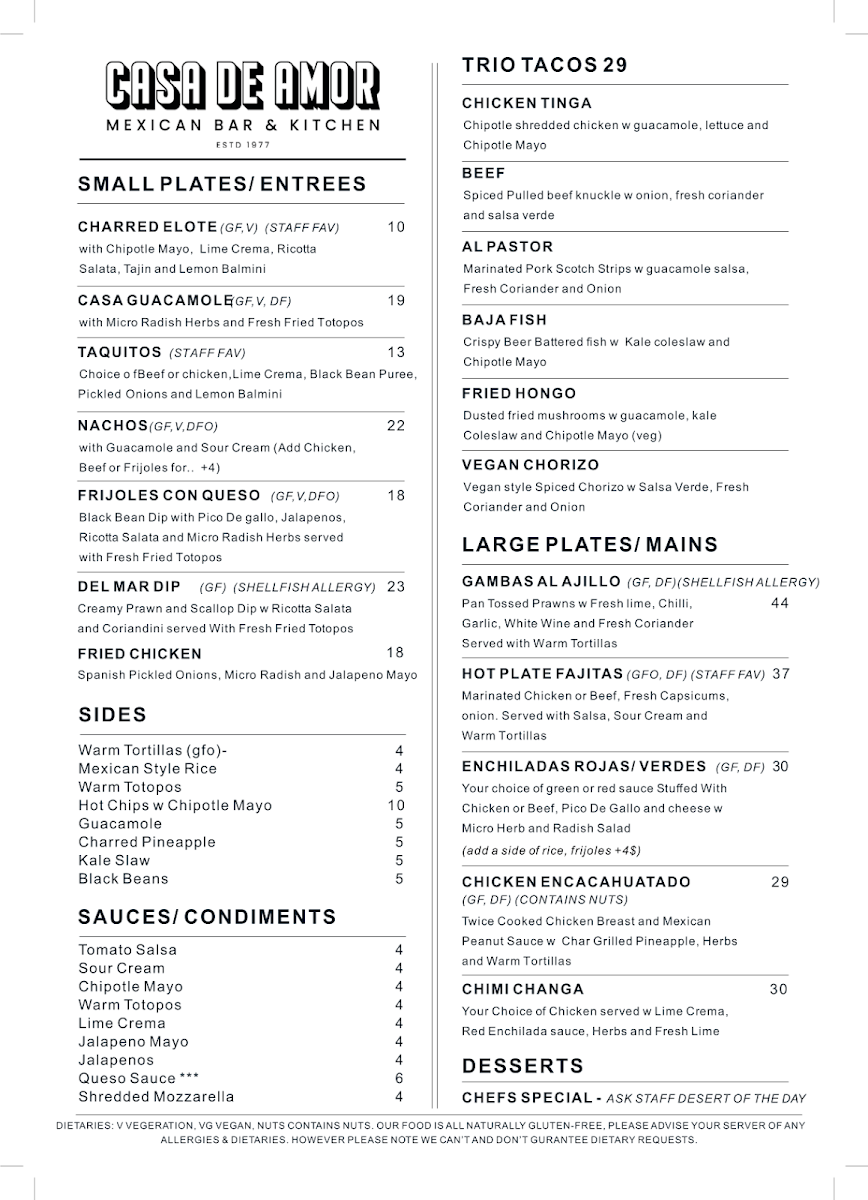 Menu, Casa De Amor Mexican Bar and Kitchen