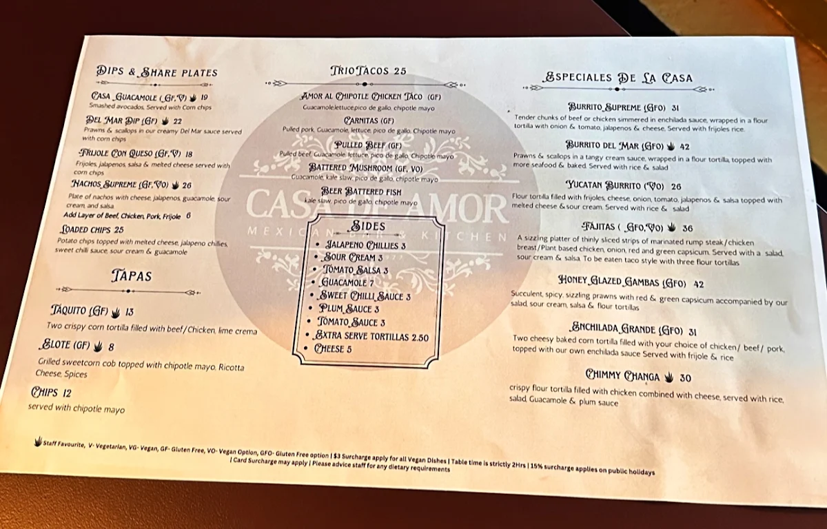 Menu, Casa De Amor Mexican Bar and Kitchen