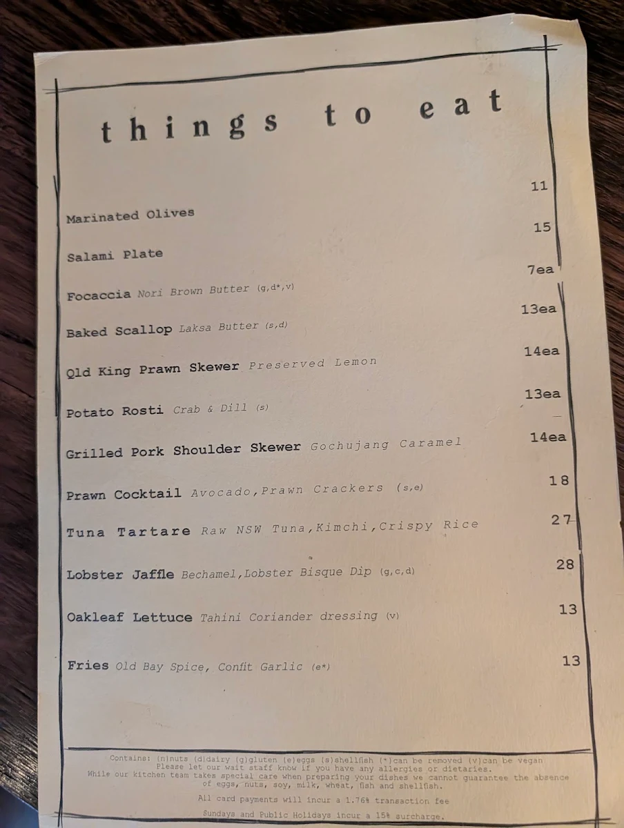 Menu, Pearl Diver