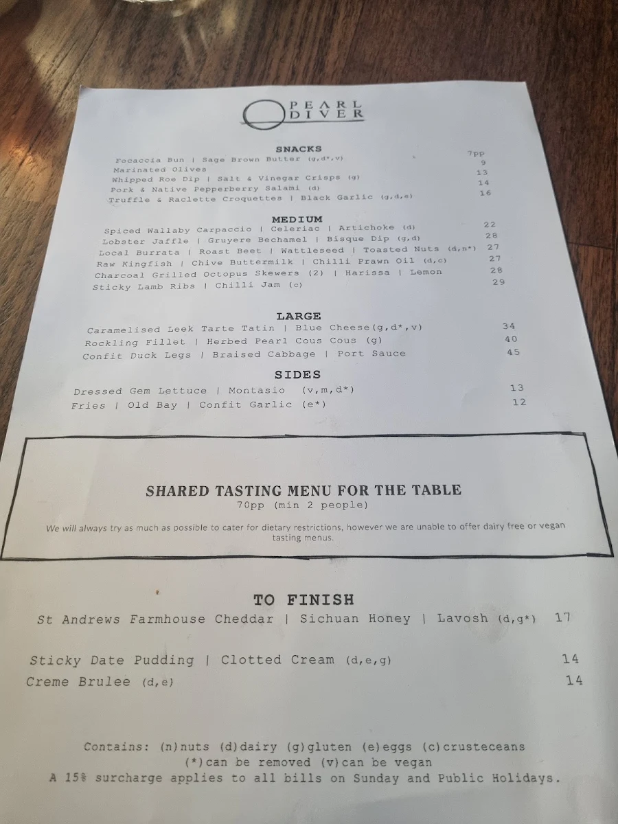 Menu, Pearl Diver