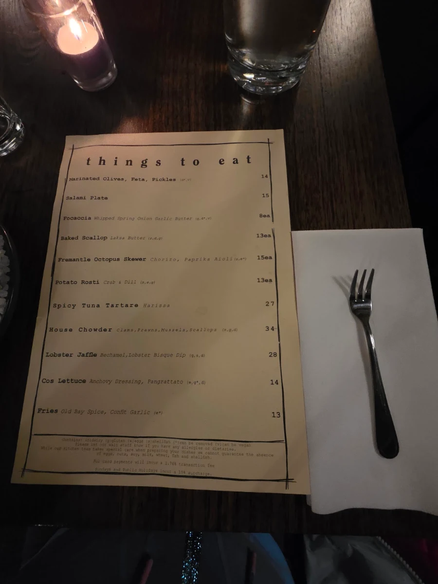 Menu, Pearl Diver